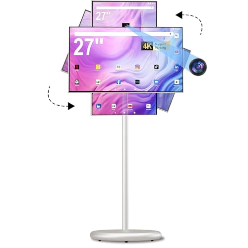 27' FHD Smart Portable TV, Rolling TV on Wheels, Android 15 OS, 6G +128GB Storage, Portable Touch Screen Monitor, 13MP Camera, Built-in Battery, 60Hz Refresh Rate, Full Swivel Rotation, Voice Remote