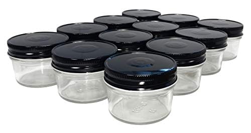 North Mountain Supply 4 Ounce Glass Regular Mouth Mason Canning Jars - with Safety Button Lids - Case of 24 (Black Metal Lids)