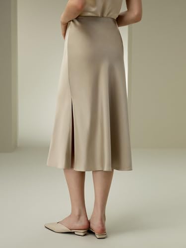LilySilk Silk Midi Skirt Bias-Cut 32Momme Double-Faced 100% Silk Charmeuse Side Slit Hem Waistband3