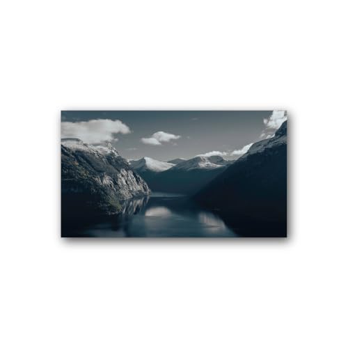 Toile murale Fjord enneigé tableau décoration nature reflets d'eau sombre