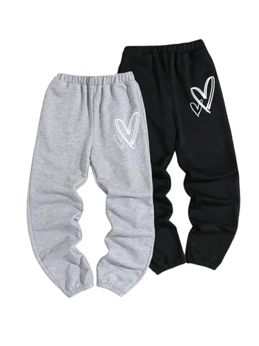 SweatyRocks Girl's 2 Pack Heart Print Sweatpants Elastic High Waist Workout Jogger Pants with Pockets