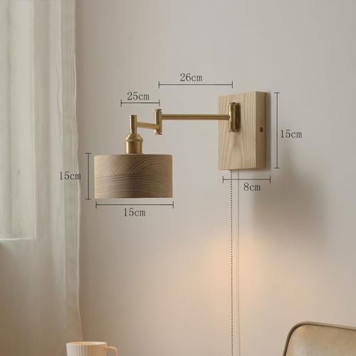 Applique murale à bras pivotant réglable en bois et laiton avec interrupteur