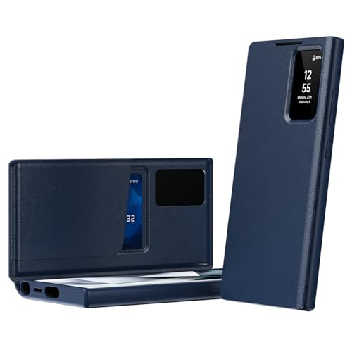 Image of LYJSMGZ Genuine Leather Case for Samsung Galaxy S25 Ultra/S25 Plus/S25, Flip View Small Window Business Cover Card Slot Slim Case,Blue,S25 Ultra