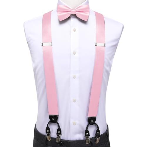 Image of Hi-Tie Men Suspender Bowtie Set Suspenders Pre-tied Bow Tie Pocket Square Cufflinks Adjustable Y Shape 6 Clips Braces Tuxedo