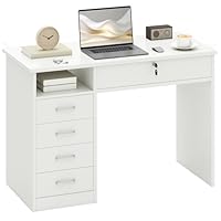 HOMCOM Computer Desk, Home Office Desk with Lockable Drawer, Storage Shelf for Study Bedroom, 110 x 50 x 76 cm, White