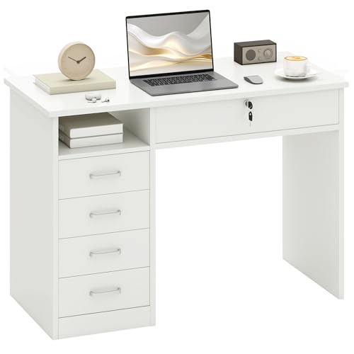 HOMCOM Computer Desk, Home Office Desk with Lockable Drawer, Storage Shelf for Study Bedroom, 110 x 50 x 76 cm, White