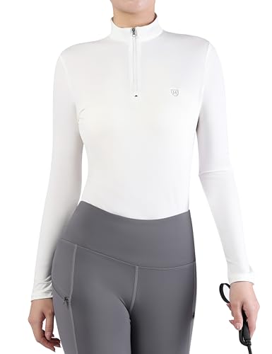 Harrison Howard dam ridsport svettabsorption, snabbtorkande, ridning, långärmad tröja, 1/4 dragkedja, basskikt, Vit/överflödig trädgård, S