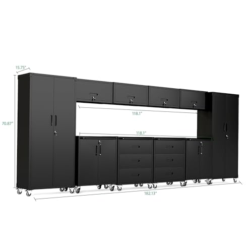 Image of 10-Piece Heavy Duty Steel Garage Cabinet System | All-in-One Modular Garage Cabinet Set for Ultimate Workshop Organization | Easy Assembly Garage Storage Cabinets & Tool Bench (Black)