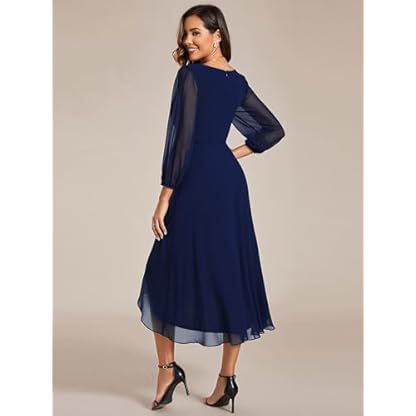 Ever-Pretty Women's Chiffon V Neck Long Sleeves Pleated A-Line Midi Length Wedding Guest Dress 01926 - Image 3
