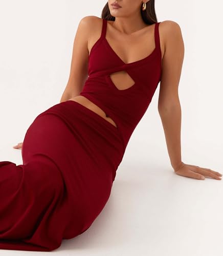 Image of Yiulangde Womens Elegant Spaghetti Strap Maxi Dress Backless Cut Out Bodycon Summer Cami Dress Sexy Formal Cocktail Dresses