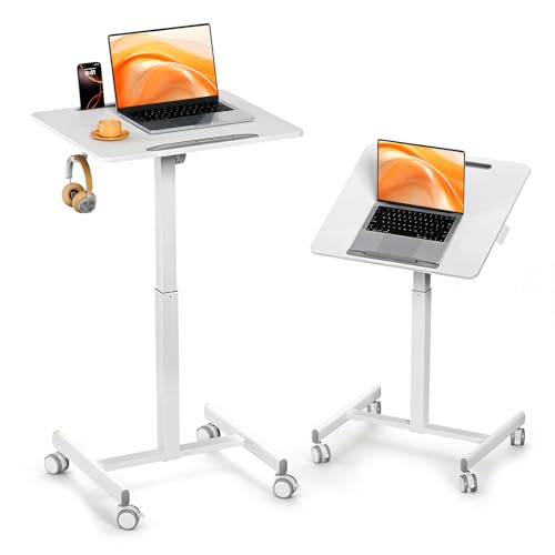 Image of JOY worker Mobile Standing Desk, 23.6 inch x 20.5 inch Small Rolling Laptop Cart with 90 Tiltable Desktop, Portable Height Adjustable Sit-Stand Computer Desk on Wheels for Home Office, White