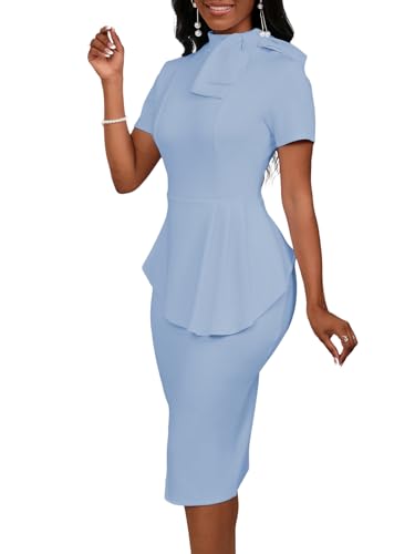 Image of WanMem Women Formal Bodycon Peplum Cocktail Dress Short Sleeve Bow Ruffle Pencil Party Midi Dresses