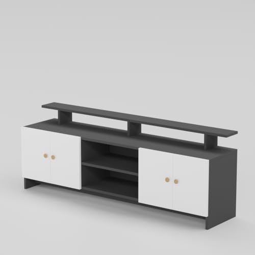 Image of Modern TV Unit for Living Room | Wooden TV Cabinet with Open Shelf & Storage | Entertainment Unit | Assembly-DIY | Color-Grey & White