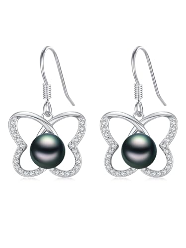 Tahitian Black Pearl Earring for Women 18K White Gold Plated Sterling Silver Butterfly Dangle Drop Earrings Black Pearl Jewelry Gifts for Wedding Anniversary Graduation