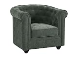 Fauteuil en tissu couleur vert. Assise déhoussable. Forme mythique. Dossier capitonné, accoudoirs arrondis et pieds en bois noirs. Dimensions : L82 x P78 x H74 cm. CHESTERFIELD