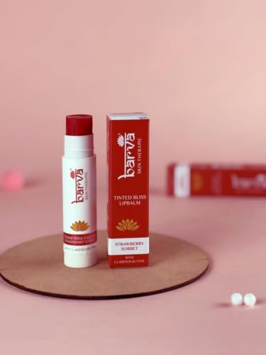 Image of Barva Tinted Bliss Lip Balm | Enriched with Clarified Butter (Ghee) | Nourishing & Long-Lasting Moisture | Soft Tint Finish | Available in 2 shades | 5g (Strawberry Sorbet)