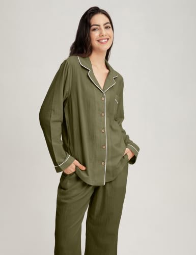 Image of Womens Muslin Pajama Set 100% Cotton Double Gauze Linen Like | Breathable Soft Comfort Button Up Loungewear Sleepwear PJ Set