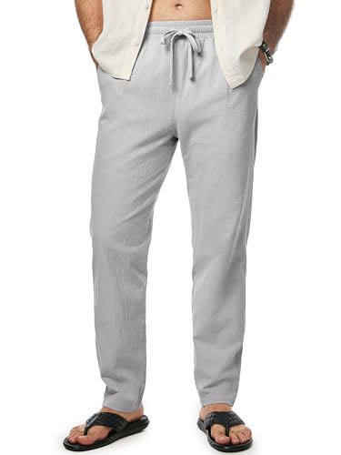 JMIERR Mens Casual Cotton Pants Linen Elastic Waist Drawstring Summer Beach Lightweight Slim Fit Trousers with Pockets, M, Light Grey