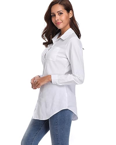 Fuinloth Women's Chambray Button Down Shirt, Long Sleeve Cotton Blouse, Long Jeans Tunic Top2