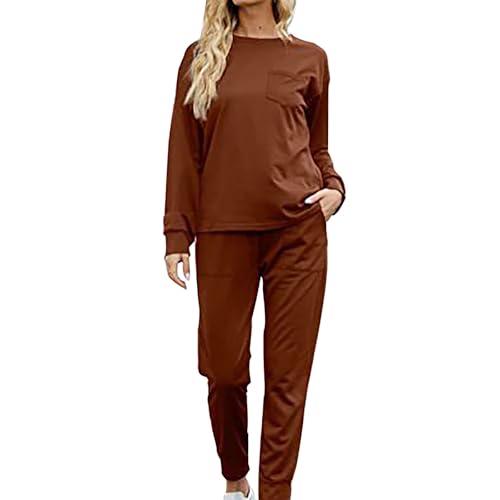peiaclkde Conjunto de pijama de noche para mujer, conjunto de ropa de descanso, sudadera de gran tamaño, color sólido, camisas de manga larga, cintura alta, pantalones deportivos de pierna ancha con