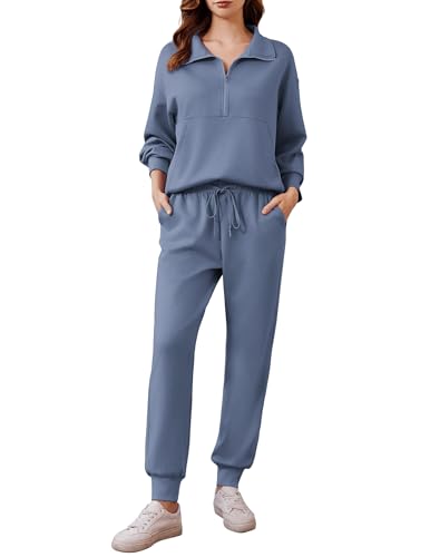 PINSPARK Lounge Sets for Women 2 Piece Long Sleeve Tracksuit Sweatsuit Half Zip Jogger Set Matching Set 2025 Fall Travel Outfit,Blue Large