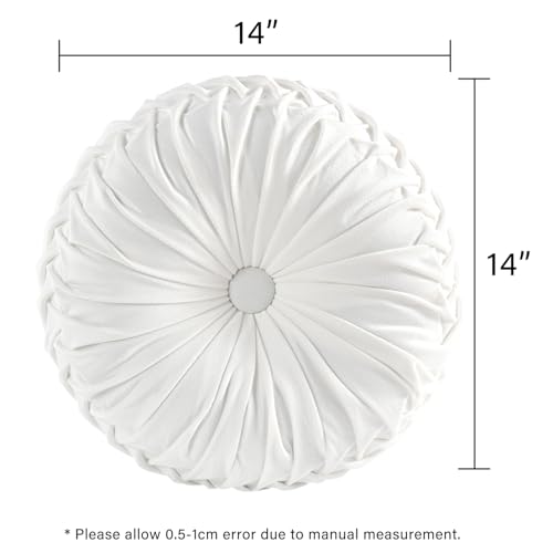 Image of HIG Set of 2 Decorative Round Pleated Throw Pillows, Classy Accent Pumpkin Throw Pillows with Center Button, Vintage Velvet Floor Pillows for Sofa Vanity Chair Bed, White, 14.5 inch Diameter(Ripple)