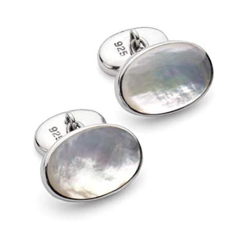 925 Sterling Silver Mother of Pearl Stone Classic Chain Link Oval Shaped Cufflinks, Cuff Links Cover