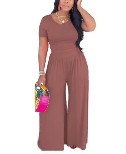 HBQ Two Piece Outfits For Women Casual Sweat Suits Backless Short Sleeve Crop Tops Wide Leg Pants Lounge Sets Tracksuit-Dusty Rose-XL