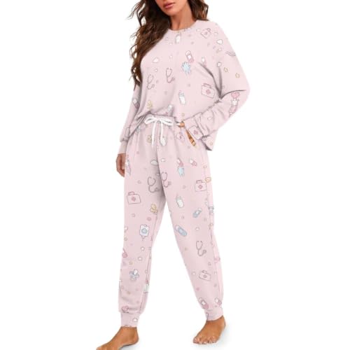 Image of Women's 2 Piece Printed Pajama Set Long Sleeve Sleepwear Set with Long Pants Casual Lounge Sets with Pocket
