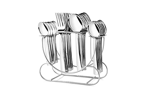 Image of SHAPES Feast Premium Silver Stainless Steel Cutlery Set - 24 Pieces | Rust-Resistant, Dishwasher Safe, Elegant Design | Ideal for Home and Restaurant Use, Perfect for Family Meals with Stand