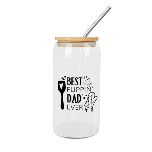 Luckluccy Best Flippin' Dad Ever Glass Cup Glass Cup with Bamboo Lid And Straw Sayings Lettering Can Beer Cups For Juicing Coffee Soda Tea 16OZ