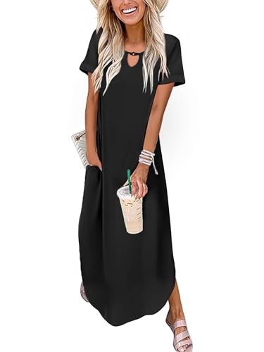 Image of Zeagoo Womens Maxi Summer Dress with Pockets Casual Short Sleeve Sundress Trendy 2026 Curve Hem Long Dress