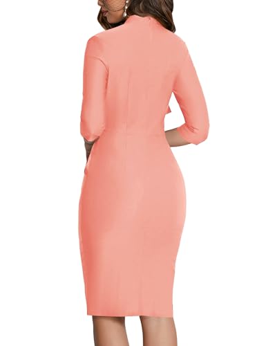 Image of MUXXN Women's Midi Pencil 1950s Vintage Cocktail 3 /4 Sleeve Tie Neck Bodycon Mid-Calf Dress with Pockets