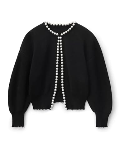 Kedera Women\'s Fall Sweater Cardigan Open Front Long Sleeve Pearls Trim Beading Knit Outwear Black - Thumbnail 6