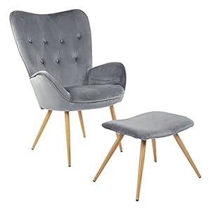 De Albatros-oorfauteuil met YORK-kruk, grijs, fluwelen hoes, comfortabel gestoffeerd, tv-fauteuil, gestoffeerde fauteuil