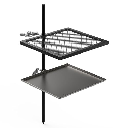 Onlyfire Schwenkgrill mit Grillrost, Grillplatte und 2 Verstellbaren Gefederten Griffen, Multifunktional Grillgestell für Feuerschale, Offenem Feuer, Tragbarer Campinggrill
