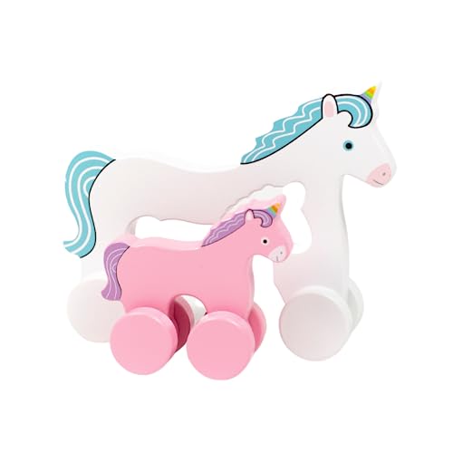Image of Jack Rabbit Creations Big & Little Unicorn Push Toy 2 in 1 Wooden Roller Animals- Pull STEM Toys for Toddlers Develops Coordination and Fine Motor Skills- Ages 18 Months+
