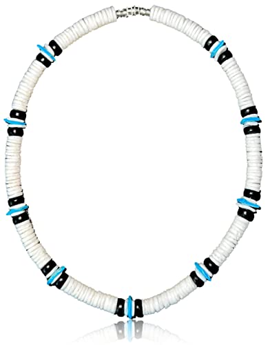 Native Treasure Mens and Womens Tropical Summer Beach Surfer Necklace From the Philippines, White Ark Shells, Black Coconut Beads, Mens Shell Necklace