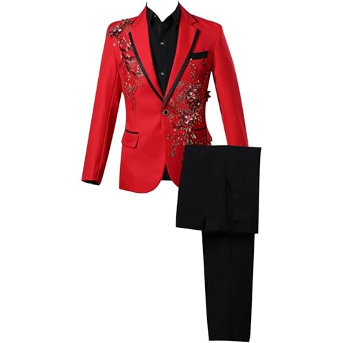 Mens 2 Pieces Luxury Embroidered Suits Wedding Elegant Dress Suit 1 Button Print Dinner Blazer Jacket Pants (Red,X-Large)