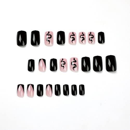 Halloween Press On Nails Short Fake Nails Black False Nails With Design Oval Nail Tips Glossy Glue On Nails Black Snake Halloween Artificial Nails For Women Halloween Nail Art Manicure Decoration 24Pcs #TOP5