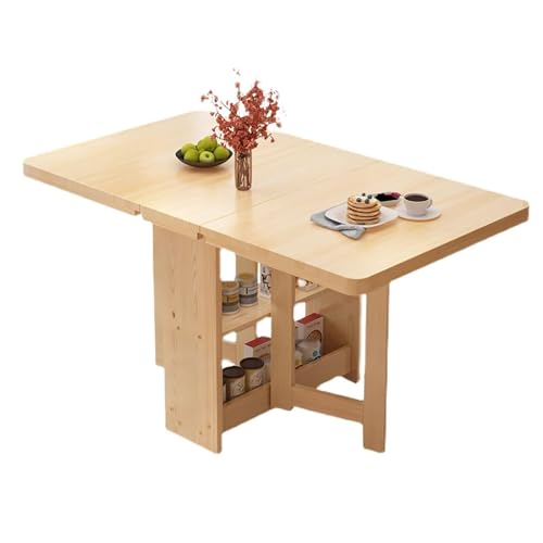 GUQASDV Mesa de Comedor Plegable de Madera Maciza,Mesa de Cocina con Estante de Almacenamiento de Doble Capa, Mesa de Escritorio Extensible y Plegable for Cocina(Natural Wood,140x80cm)