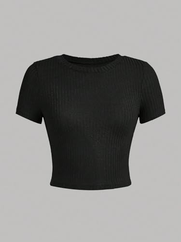 Image of OYOANGLE Girl's 3 Piece Summer Casual Short Sleeve T-Shirt Set Ribbed Knit Crew Neck Tee Tops