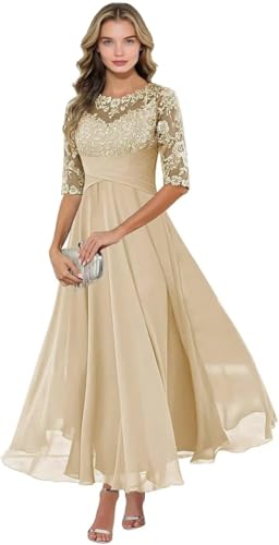 Robe de mère de la mariée en mousseline de soie avec appliques en dentelle et manches mi-longues, robe formelle d'invité de mariage, champagne, 38