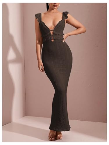 Image of SOLY HUX Women's Maxi Dress Crochet Ruffle Sleeveless Backless Bodycon Long Dresses