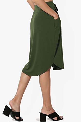 Themogan Women's Drawstring Dolphin Hem Soft Jersey Pocket Midi Skirt Army Green S #TOP3