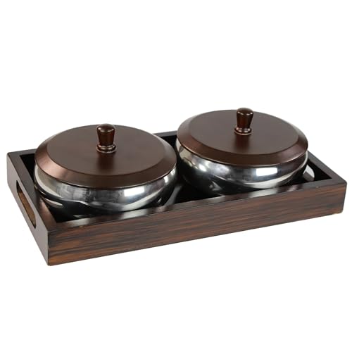 Image of PEARLPET Hazel Stainless Steel 2 Bowls Set(500ml) with Wooden Serving Tray & 2 Wooden Finish Lids, Gift Set, Dryfruit Jar, Brown Color