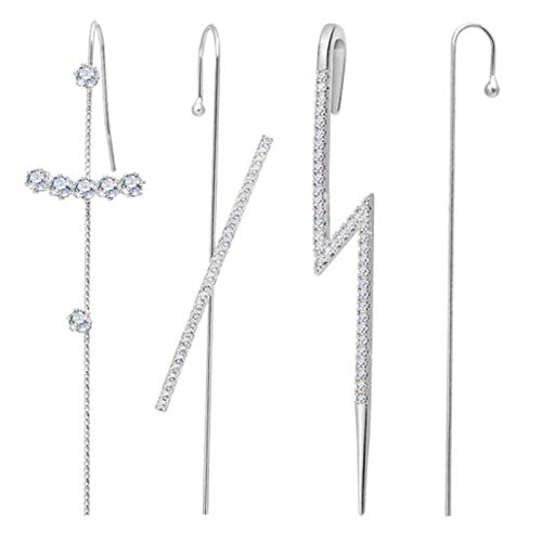 Gold Ear Cuff Wrap Crawler Hook Earrings for Women Girls Unique Long Earrings Hypoallergenic Stud Climber Earrings (SLIVER-4PCS)