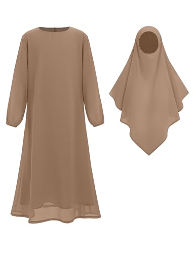 ODIZLI Kids Girls Ramadan Abaya Muslim Long Sleeve Hijab Chiffon Dress Dubai Kaftan with Pockets