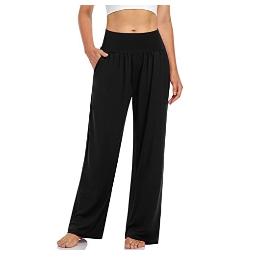 UEU Women's Wide Leg Comfy Stretch High Waist Yoga Pants Casual Loose Fit Home Lounge Sports Athletic Sweat Pants with Pockets(Black,L)