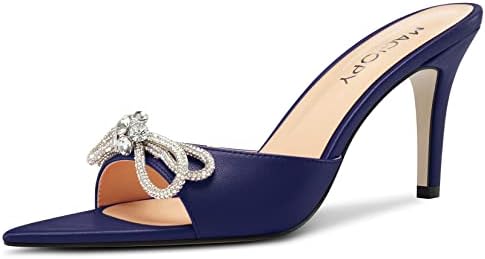 MAGIOPY Womens Mid Heel Open Toe Slip-on Rhinestone Crystal Bow-knot Glitter Dress Prom Casual Mules Shoes 3.2 Inches Heels Navy Blue 6 M US